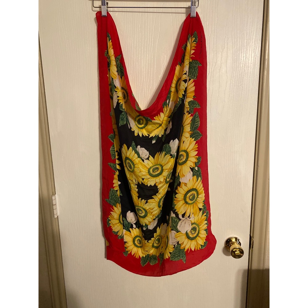 Oscar de la Renta Silk Scarf RedBlack Yellow Sunflower Floral Made in Japan
0196